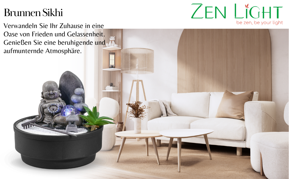 Настільний фонтан-дзен сад Sikhi Zen'Light з фігуркою Будди, кольоровою LED-підсвіткою та білим піском, 21 см — Декоративний фонтан для релаксації та інтер'єру