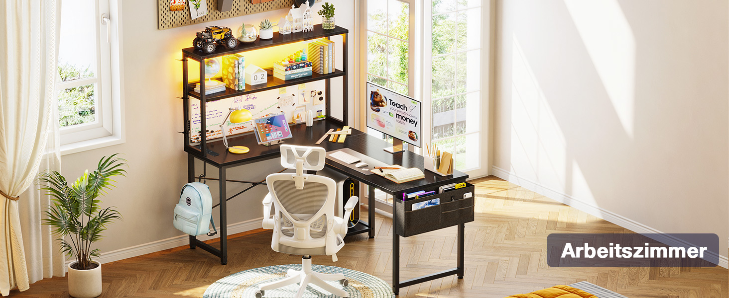 Ігровий стіл Coleshome L-подібної форми з LED-підсвічуванням та розетками, 115 × 80 см. Реверсивний стіл з полицями для зберігання, чорний. Підходить для home office та геймінгу.