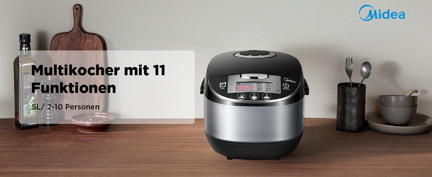 Мультиварка Midea Reiskocher 5 л: 11 програм, рисоварка, супниця, тушкувальник, пароварка, таймер, 24 год підігріву, чорний/сріблястий