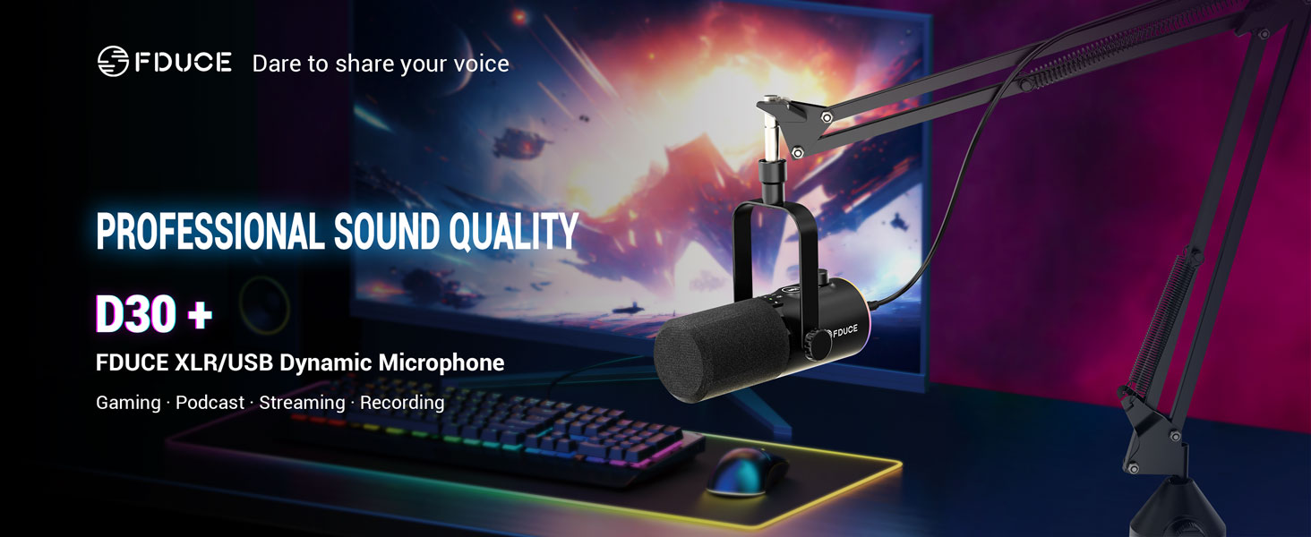 Мікрофон ігровий FDUCE з USB/XLR підключенням, RGB-підсвічуванням та регулюванням Gain для стрімінгу, запису подкастів та ігор (D30+)