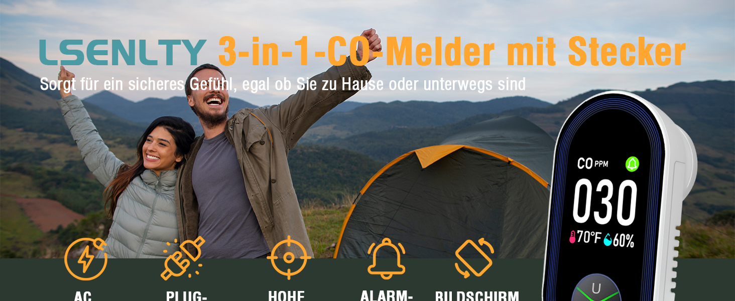 Виявлювач CO з HD-дисплеєм для дому та кемпінгу: 3-в-1 (CO, температура, вологість)