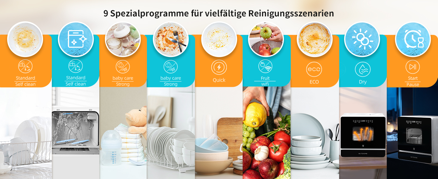 BLITZHOME Міні посудомийна машина: портативна, 9 програм, 5.2L, з керуванням через додаток