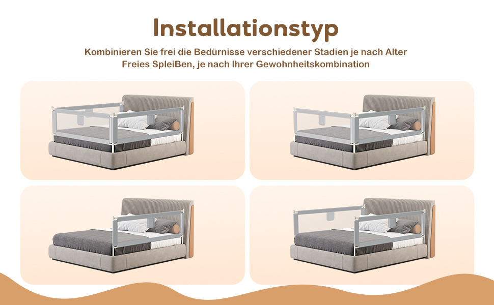 Захисний бортик для ліжка дитячий Ikodm 2x200 см + 1x180 см, регульована висота 64-96 см, сірий