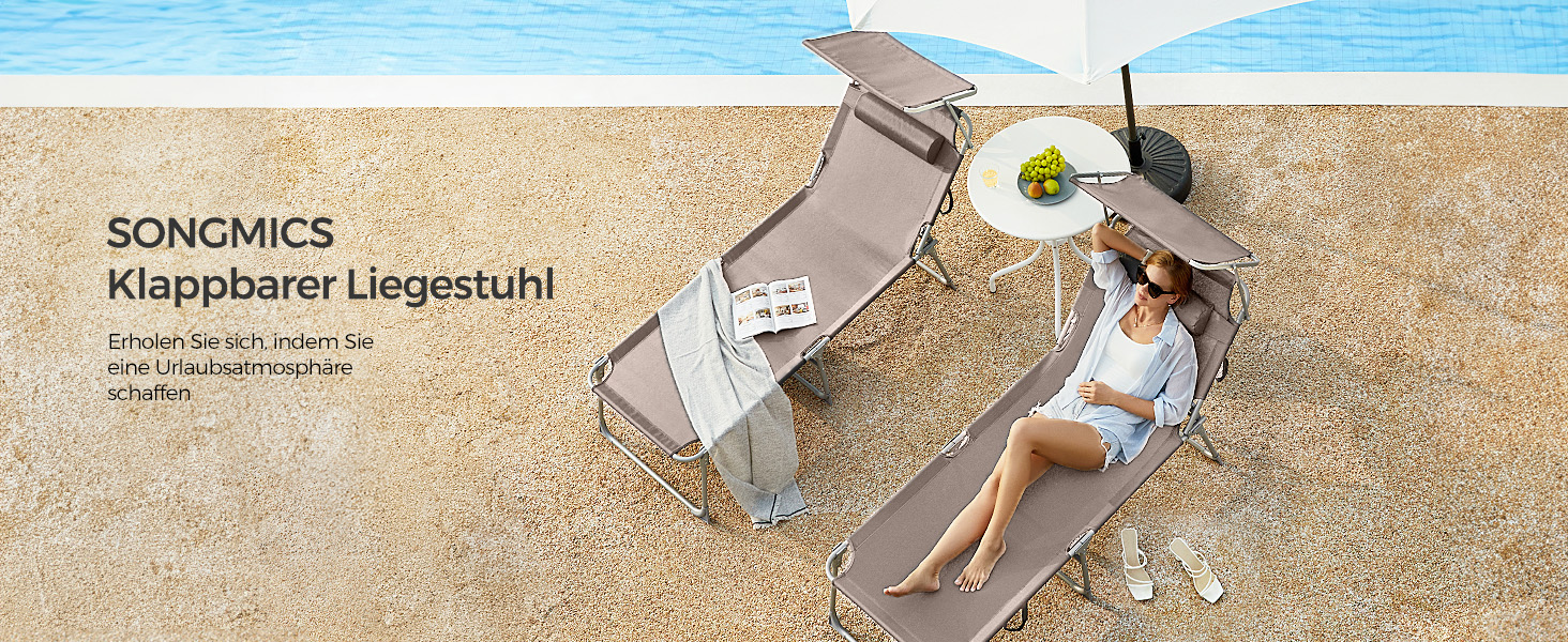 Лежак для відпочинку SONGMICS, великий, розкладний, 200 x 71 x 38 см, вантажопідйомність 150 кг, з сонцезахисною капелюхом та регульованою спинкою, для саду, басейну, тераси, темно-сірий (Taupe)