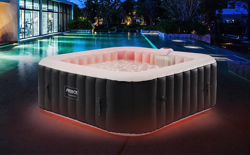 Надувний гідромасажний басейн-спа Arebos Spa Whirlpool 2400 Вт для 6 осіб, 185x185 см, 130 масажних форсунок, LED-підсвітка, 910 л, з кришкою