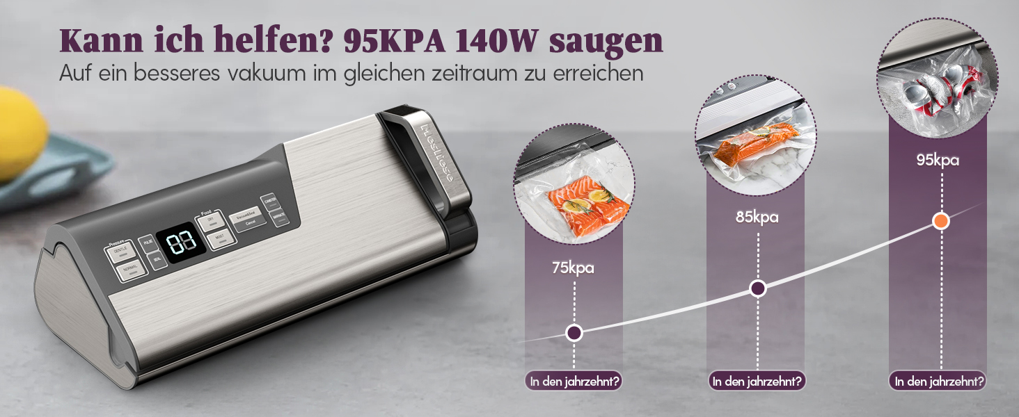 Вакууматор Mesliese для продуктів, 140 Вт, 95 кПа, з подвійним швом, вбудованим різаком та відсіком для рулонів, сірий