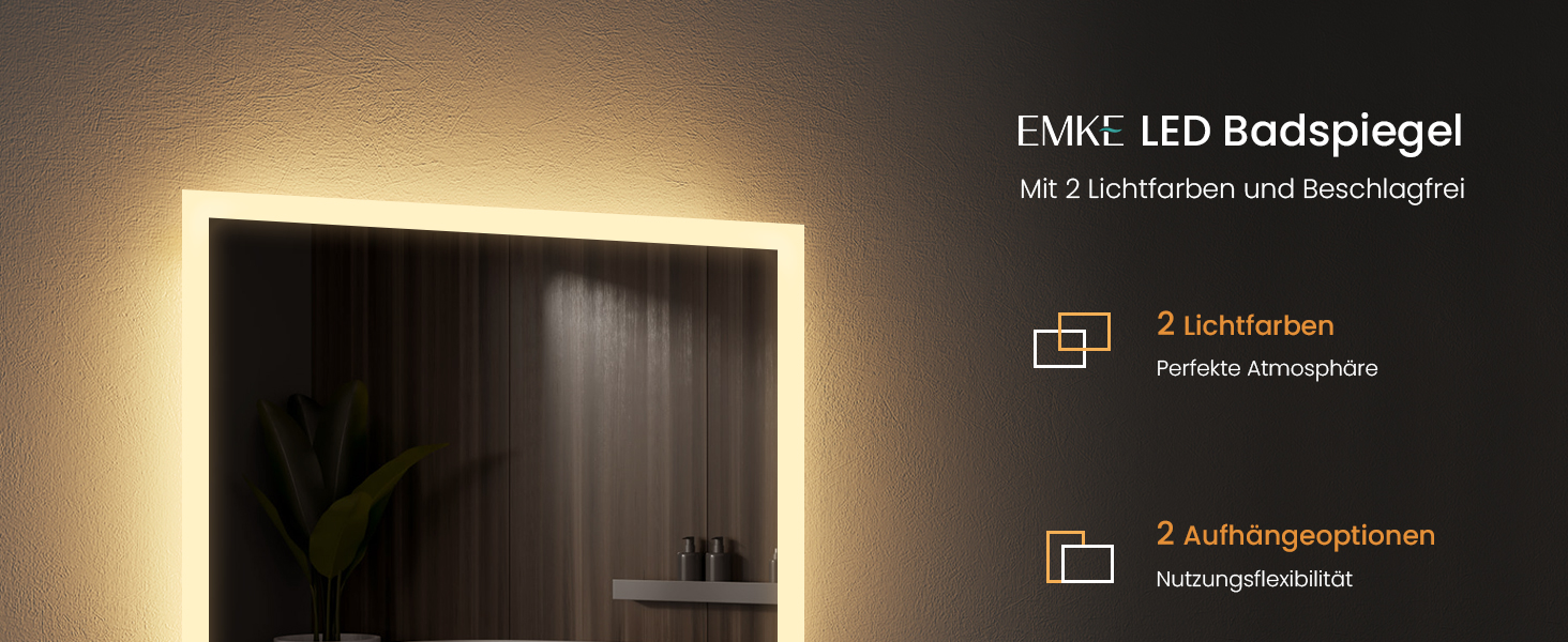 Дзеркало для ванної кімнати EMKE з підсвічуванням 120x60 см, антизапарник, кнопковий вимикач, тепле та холодне біле світло, IP44, енергозберігаюче