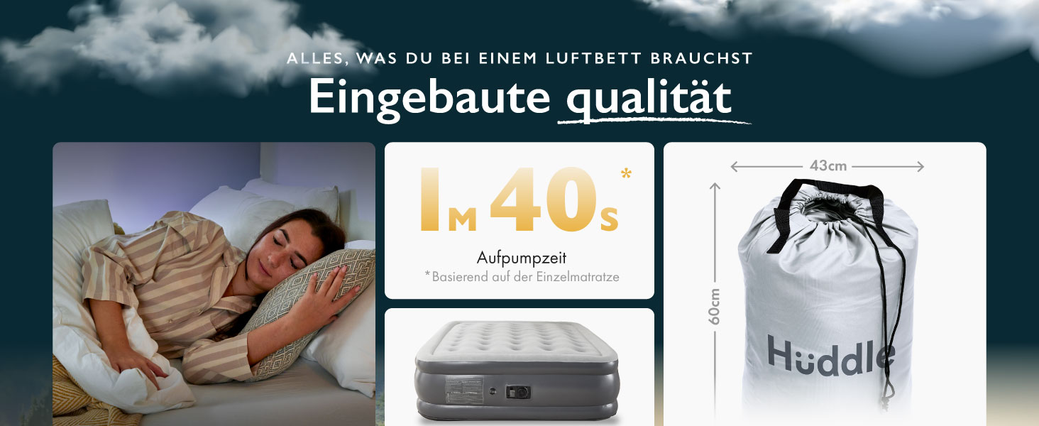 Надувне ліжко Huddle Lite з вбудованим насосом – комфортна матрац для кемпінгу, гостей та запасних кімнат (одинарне, двоспальне, king size)