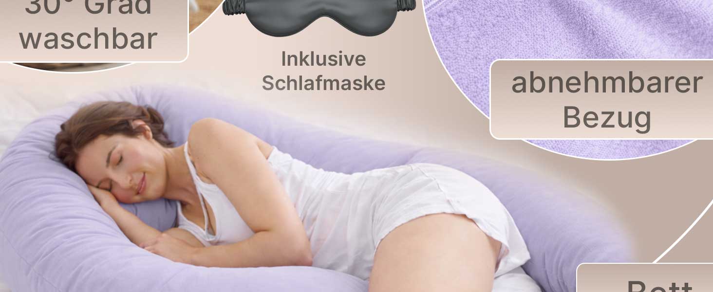 Подушка для вагітних ELONEO NEU для сну на боці, подушка для годування, XXL, фіолетова, знімний чохол, подушка для читання, пральна