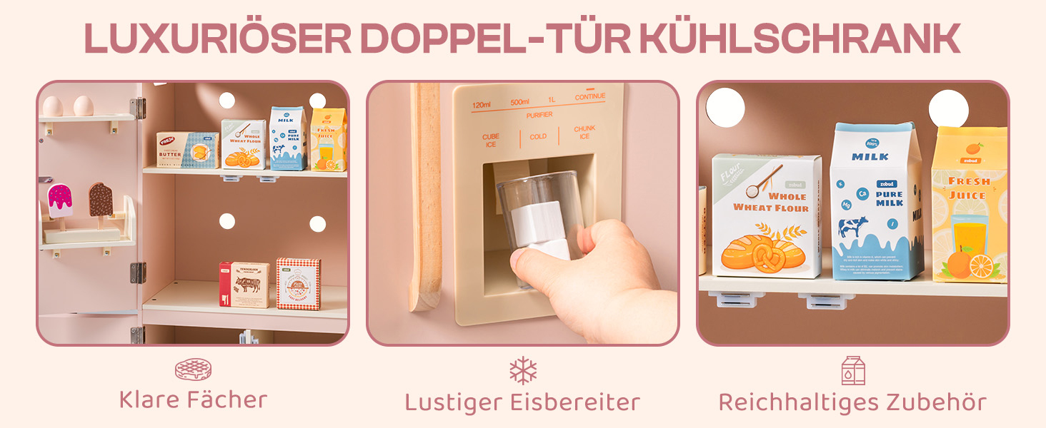 Дерев'яна іграшкова кухня ROBUD для дітей з реалістичним аксесуаром, набір іграшкової кухні з багатьма функціями, сучасний дизайн, подарунок від 3 років (холодильник)