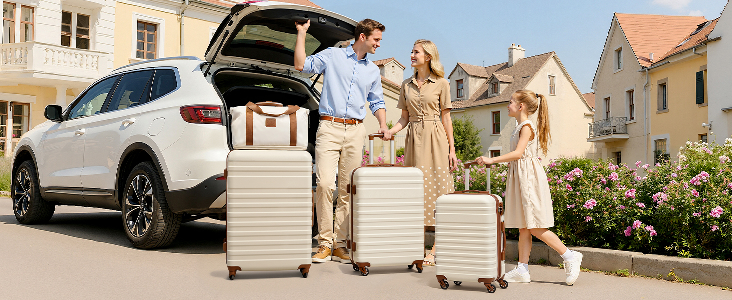 Набір валіз COOLIFE 3шт: велика валіза, сумка для подорожей, культиватор. ABS, TSA-замок, 4 колеса. Білий/коричневий.