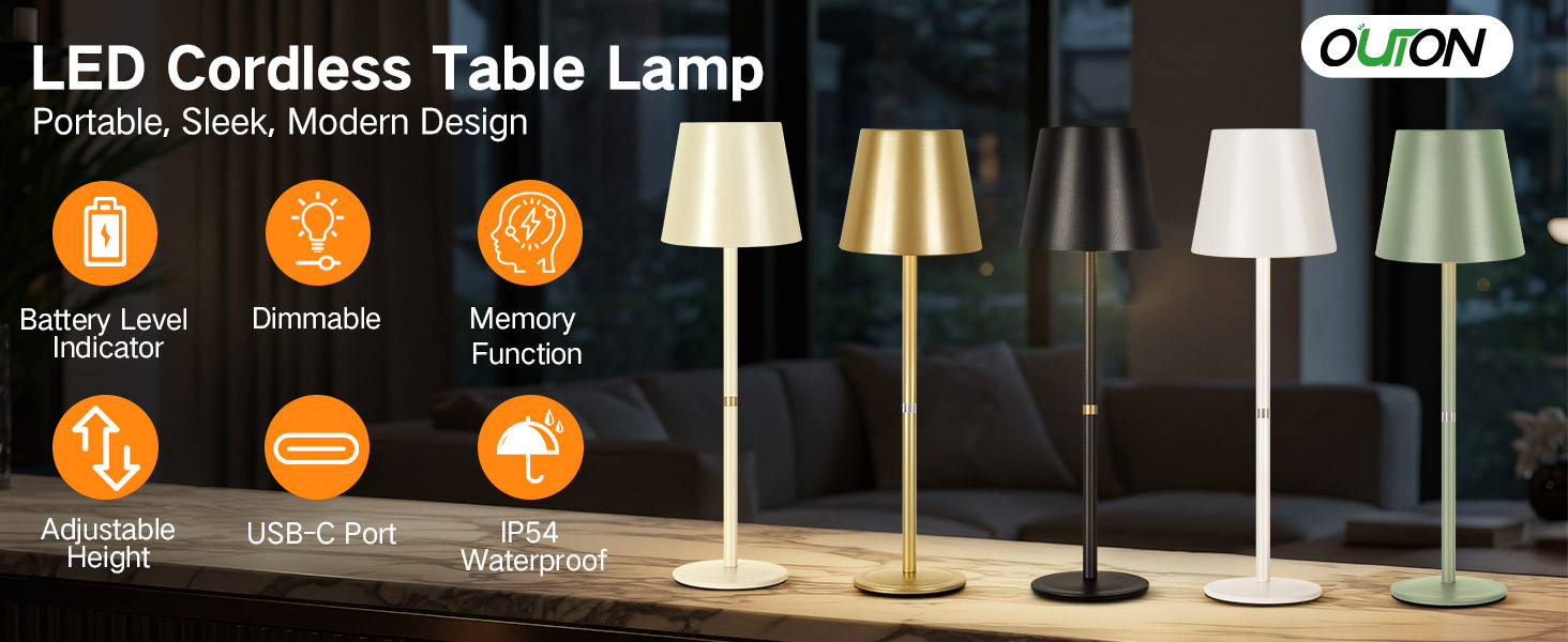 LED-лампа настільна OUTON 2 шт. бездротова з LED-індикатором, сенсорне керування, 3 колірні температури, USB-C зарядка, IP54 водостійкість, 30 годин роботи – для дому та на подарунок, чорний
