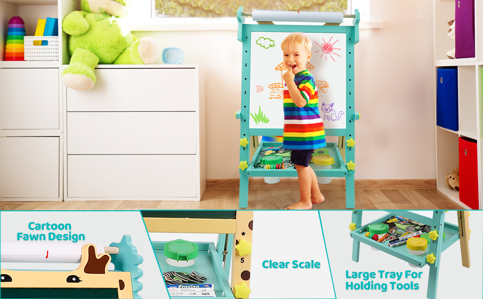 Дитячий мольберт Kinder с паперовою рулеткою, двосторонній, регульований по висоті, дошка для малювання маркерами та крейдою, мольберт для стоячи з цифрами та аксесуарами, мольберт для малювання для малюків, хлопчиків та дівчаток
