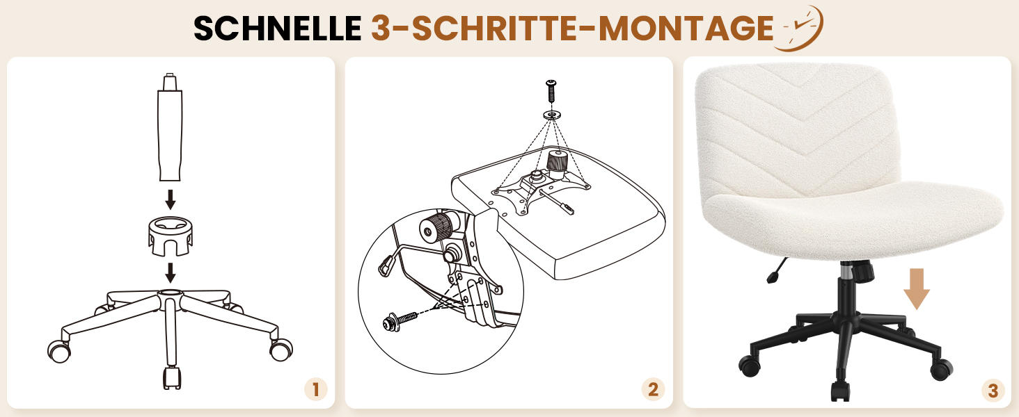 Офісне крісло Yaheetech з роликами, регульоване по висоті, з широким сидінням та середньою спинкою, для офісу та спальні, з колесами (слонова кістка)