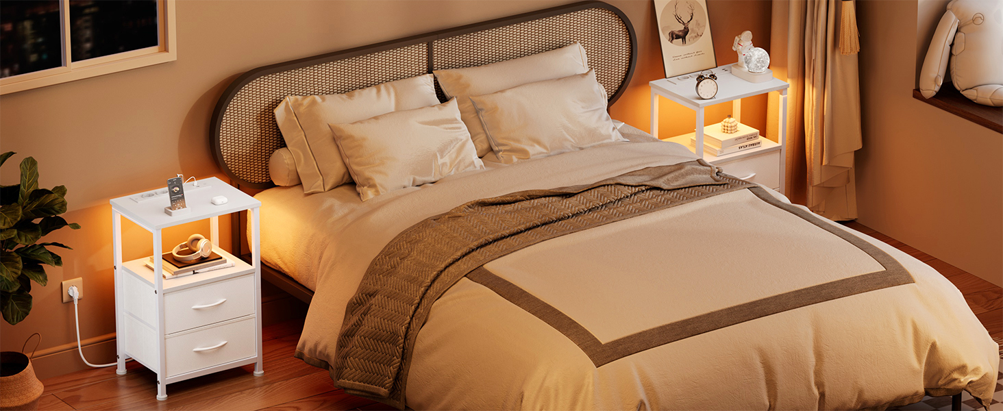 Нічний столик з LED-підсвіткою та функцією зарядки, з шухлядою, 3 розетки AC та USB, для вітальні/спальні (40T x 30B x 60H cm, Білий)