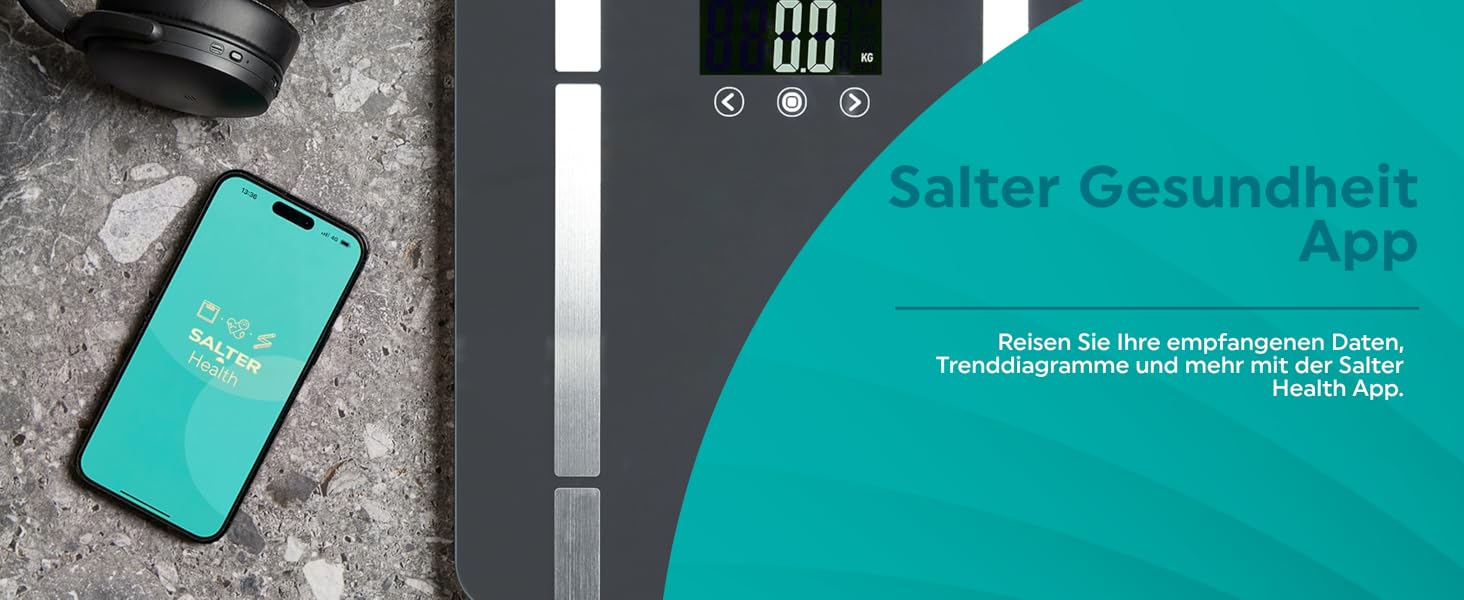 Ваги Salter SA00432GFEU6 Smart - Bluetooth, 200 кг, аналіз організму, 8 користувачів, підключення до програми, сірий