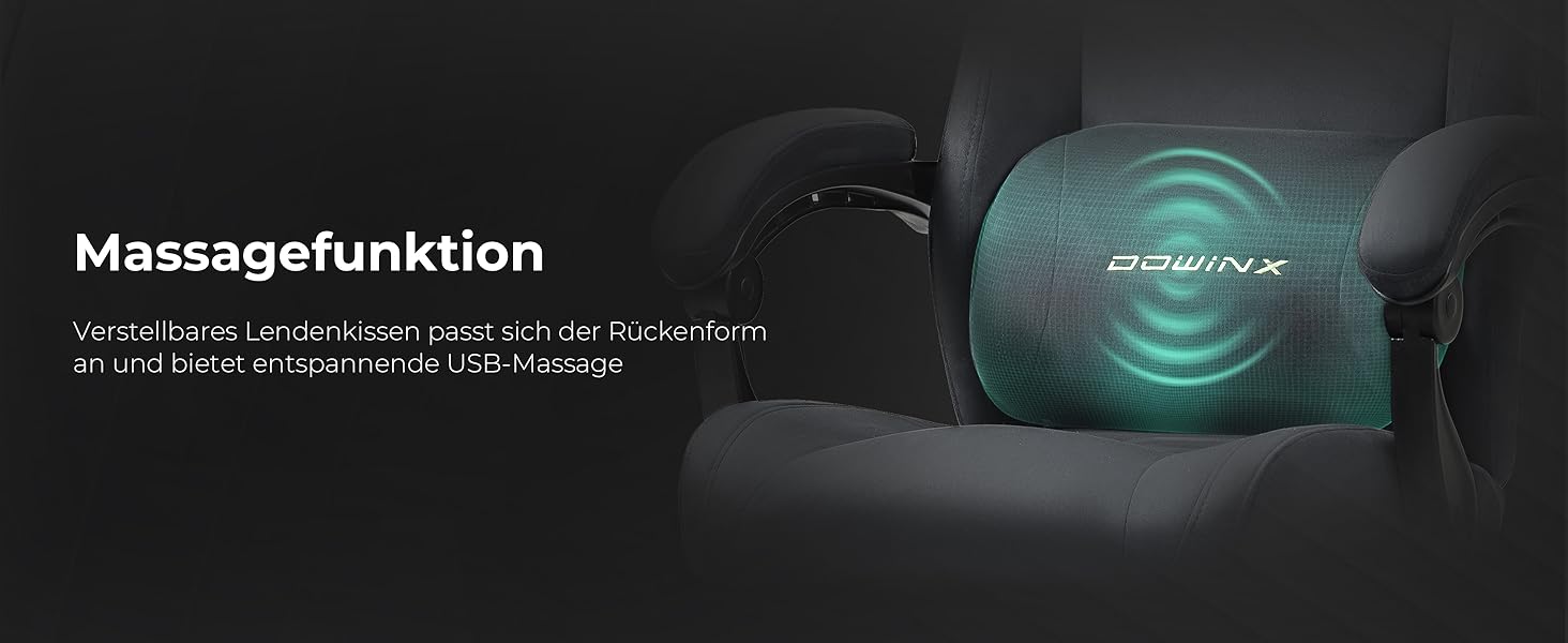 Ігрове крісло Dowinx з масажем попереку, регульованою підголівником, потовщеним сидінням, висувною підніжкою, регульованими підлокітниками, мікрофібровим велюром, нахилом 160°, темно-сіре