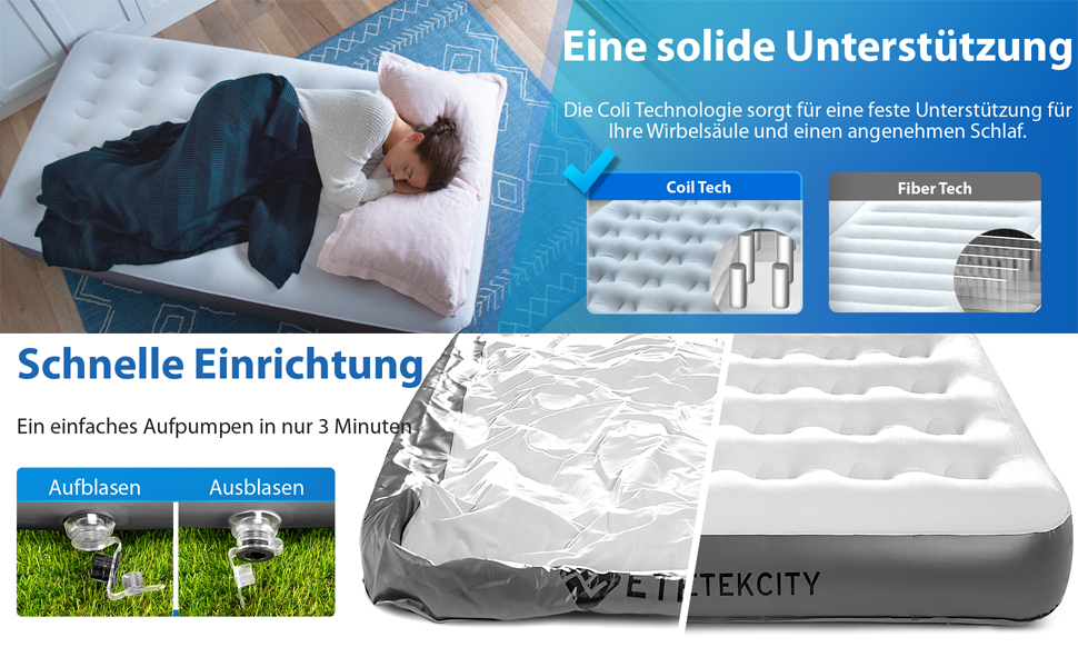 Надувне ліжко ETEKCITY EAM-ET2 для 1 особи - односпальне надувне ліжко для кемпінгу та відпочинку на природі (203 x 152 x 46 см, біле)