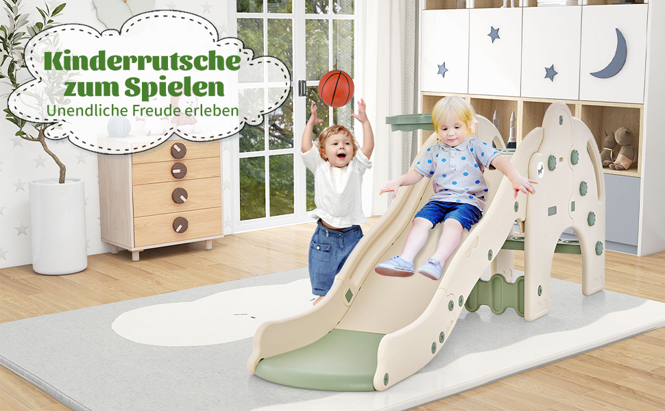 Дитяча гірка COSTWAY 4-в-1 з тунелем, баскетбольним кільцем та драбинкою, зелена, для дітей від 18 місяців