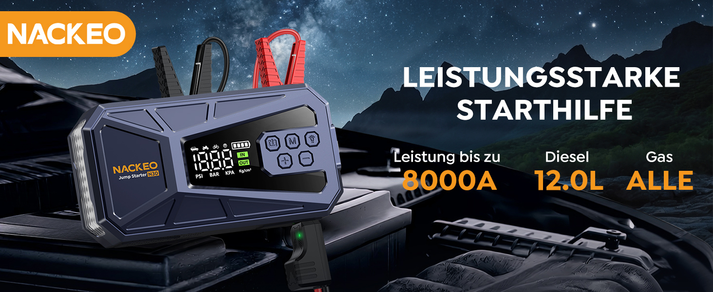 Пусковий пристрій (бустер) 8000A з компресором 160 PSI, Powerbank 12V для бензинових та дизельних двигунів до 12.0L, портативний стартер з LED-ліхтарем 600LM та кабелями