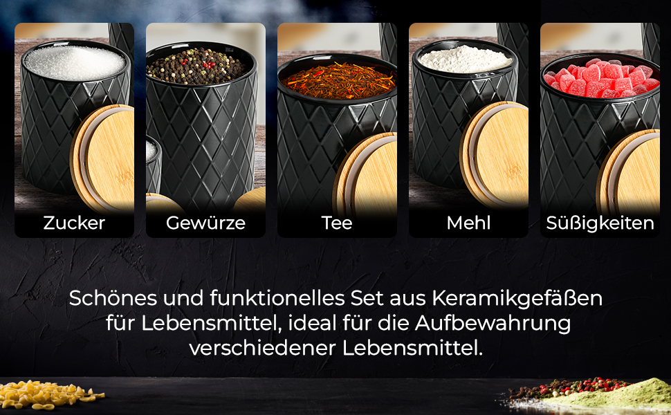 Набір з 3 вазочок для зберігання Miamio Palmanova, кераміка з дерев'яним кришкою, білий та чорний