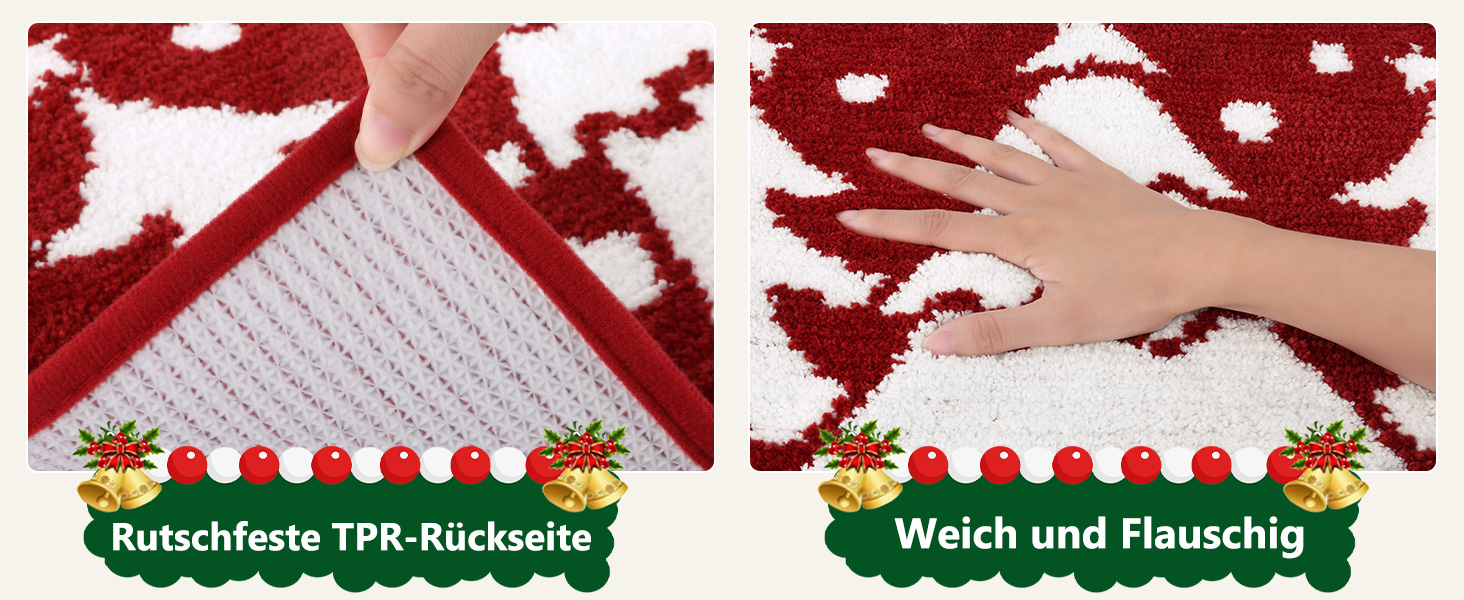 Набір килимків для ванної кімнати на Новий Рік: 3 шт. (червоний, з малюнком ялинки) - 45x65 см, 45x120 см, 50x60 см, нековзкі, водопоглинаючі, для туалету та душу