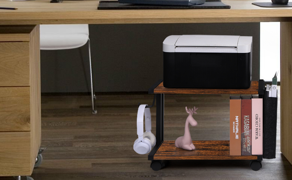 Стіл для принтера Shinoske з 2 рівнями, мобільний, з дерева та металу, 45x29x33 см