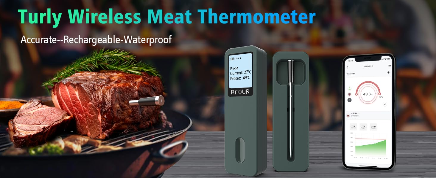 Термометр для м'яса BFOUR BF-30 PRO: бездротовий Bluetooth термометр-щуп з LCD-дисплеєм, IP67 водонепроникний, для приготування на грилі, в духовці, на кухні (зелений)