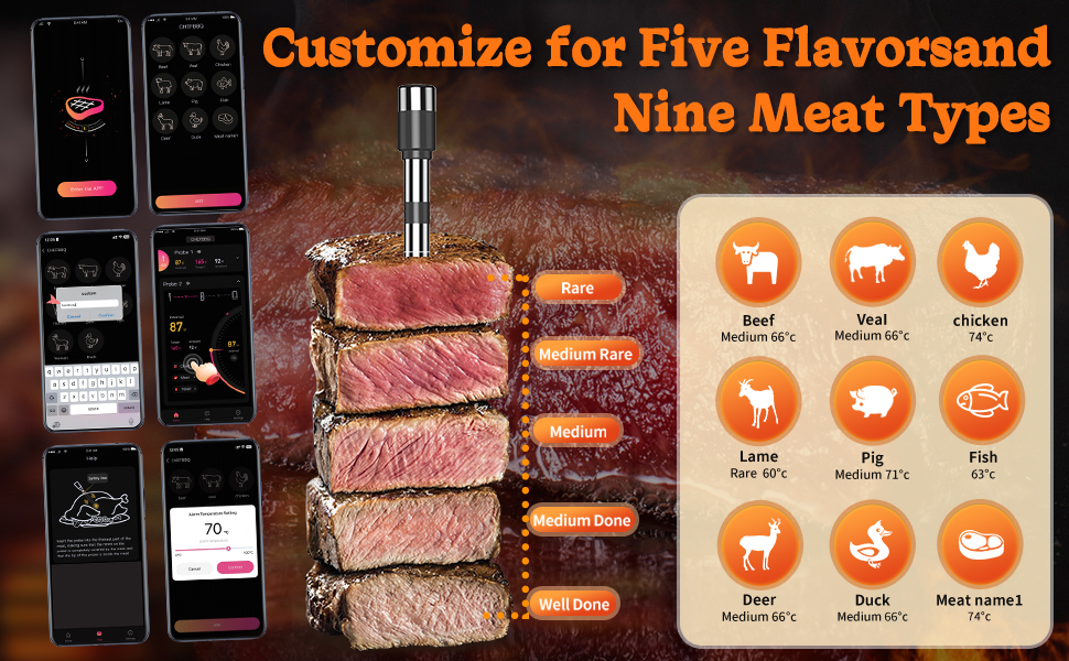 Бездротовий набір термометрів для м'яса (4 шт.) з Bluetooth, водонепроникні (IP67), для приготування на грилі, в духовці, мангалі, ротатерії, фритюрниці