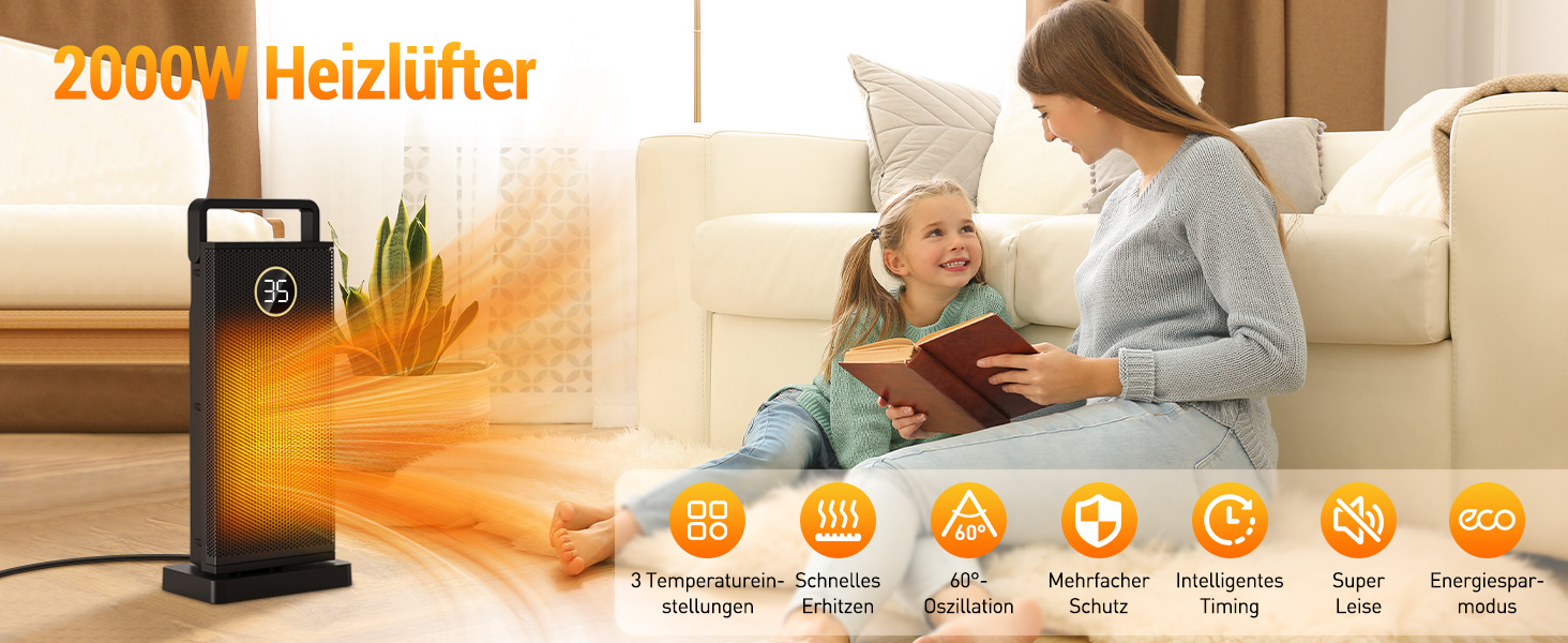 Електричний обігрівач з керамічним нагрівачем, 3 режими, 2000W, осциляція 70°, захист від перекидання, тихий обігрівач для дому та офісу