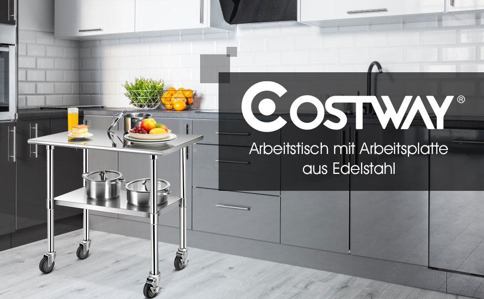 Кухонний стіл з нержавіючої сталі COSTWAY з регульованою полицею та колесами, вантажопідйомність 250 кг, 91,5x688,5 см