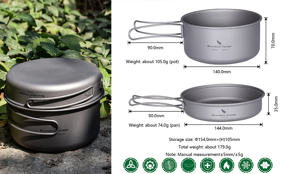 Набір посуду iBasingo Titan для кемпінгу та подорожей (1000мл казанок + 500мл миска) з розкладним ручками, кухонні аксесуари для піших прогулянок, трекінгу та подорожей Ti2042C
