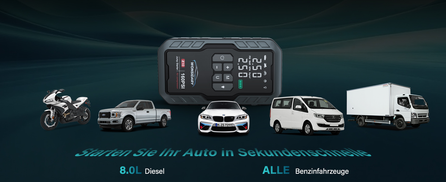 Powerbank Starthilfe 7000A для автомобіля: 27000 mAh, 160 PSI, компресор, LED-ліхтарик, для 12V бензинових та дизельних двигунів (до 8.0L)