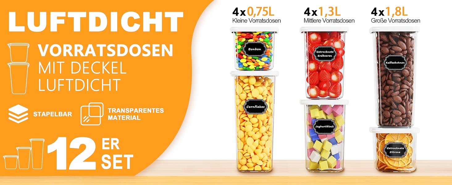 Герметичні контейнери для зберігання продуктів з кришкою (12 шт., до 1,8 л)
