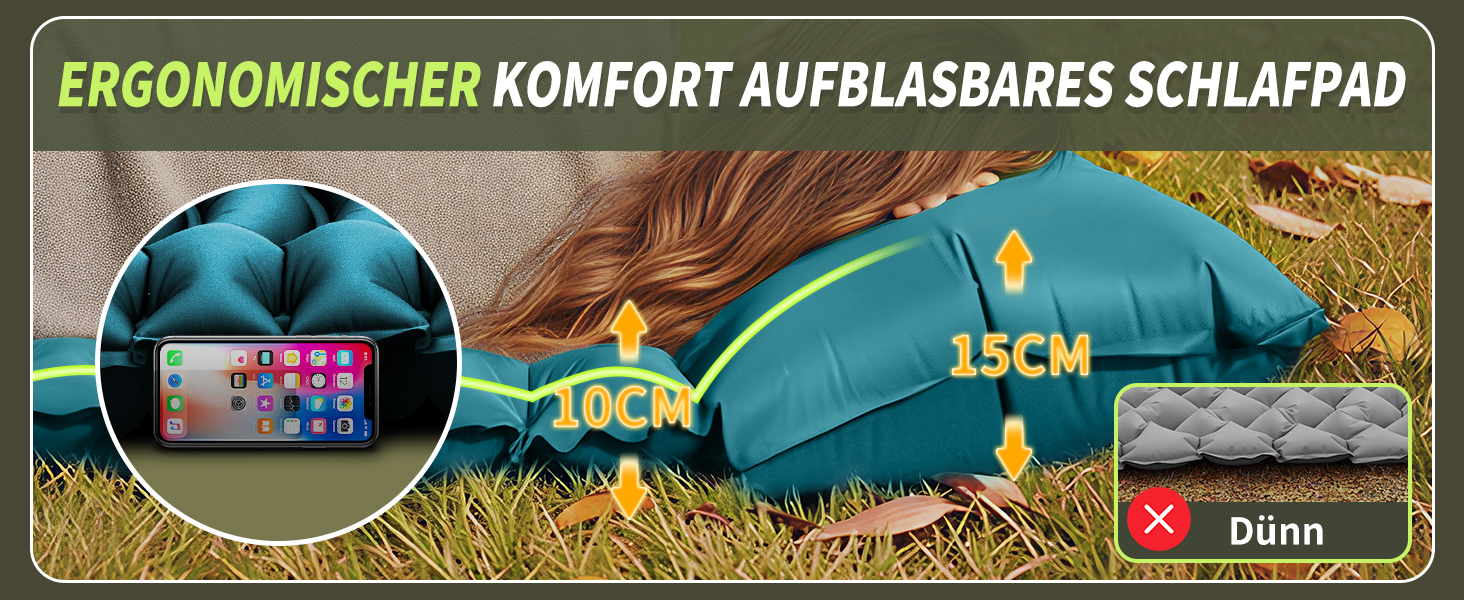 Кемпінговий надувний килимок Yuzonc з вбудованим насосом та подушкою, компактний легкий матрац для походу та пляжу (Темно-зелений)