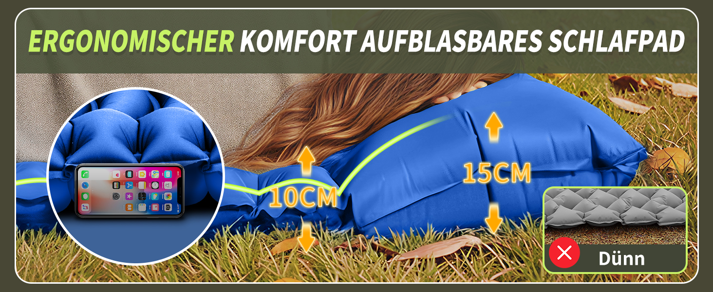 Кемпінговий надувний килимок Yuzonc Isomatte з вбудованим ножним насосом та подушкою, компактний легкий матрац для походів, туризму та пляжу (Blue231)