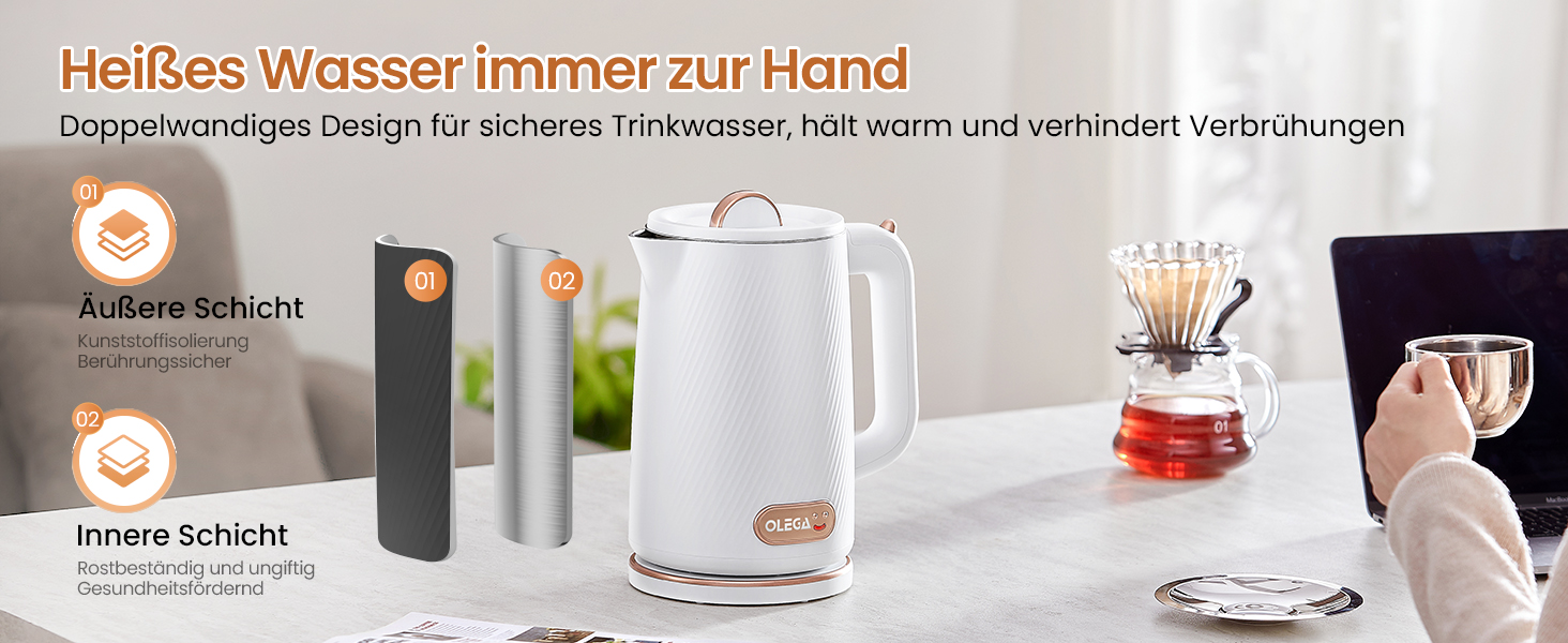 Електричний чайник OLEGA 1.8L, 1800W, з нержавіючої сталі, автоматичне відключення, захист від сухого кип'яття, білий