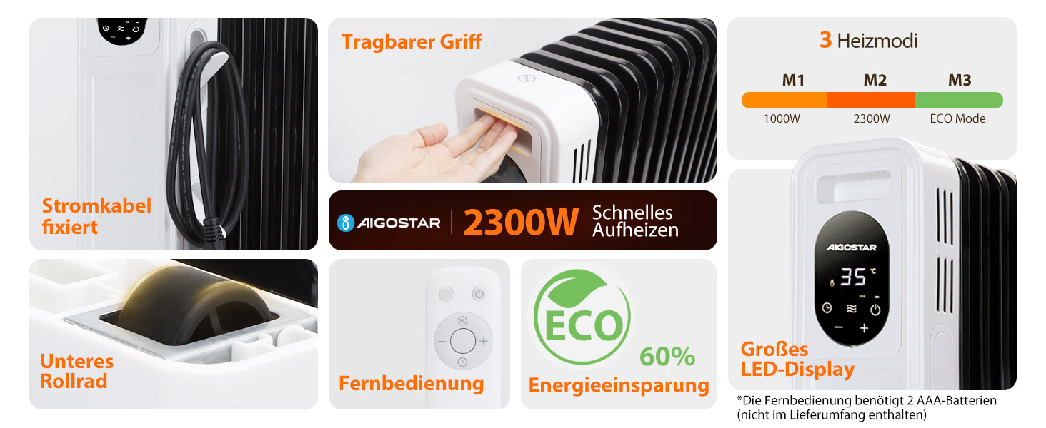 Електричний масляний радіатор Aigostar Cozy 2300W з пультом дистанційного керування, 11 ребер, термостат, 3 режими, таймер 24г, LED-дисплей, захист від перекидання та перегріву, мобільний обігрівач для кімнати