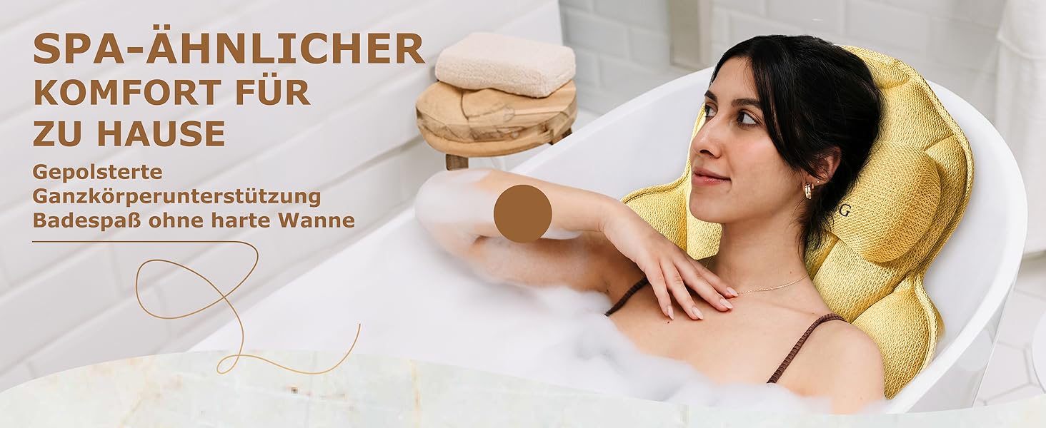 Подушка для ванни повне тіло (152x56 см) з підголівником (11 см) - підтримка шиї, спини та ніг - бежева. З сумкою для прання та подорожей, гачком для сушіння.