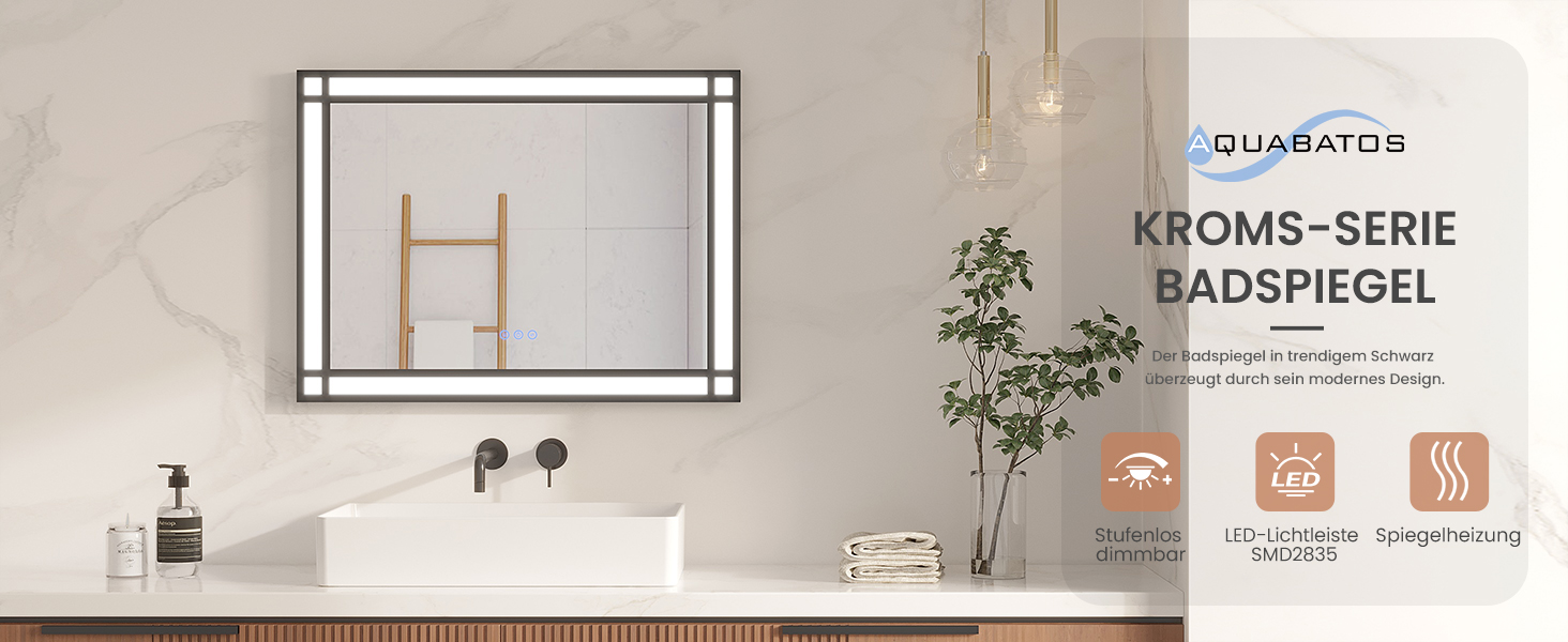 Дзеркало для ванної кімнати AQUABATOS LED з підсвічуванням 50x70 см, імітація вікна, сенсорне регулювання, регулювання яскравості, холодний білий, протизапотівання, чорний алюмінієвий каркас, декор у індустріальному стилі