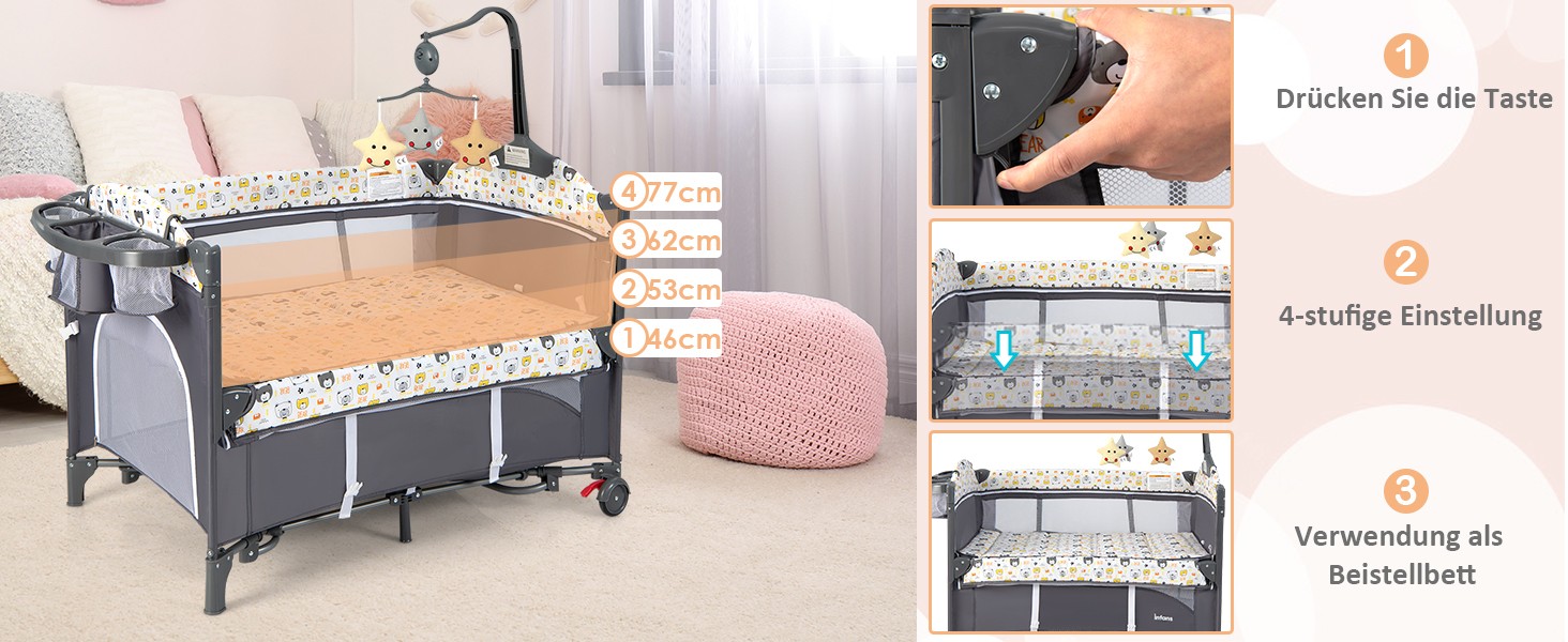 Дитяче ліжко-манеж DREAMADE 5 в 1 з матрацом, з колесами та пеленальним столиком, з музичною іграшкою, 110x76 см, для новонароджених, з сумкою для перенесення (зелений, кольоровий)