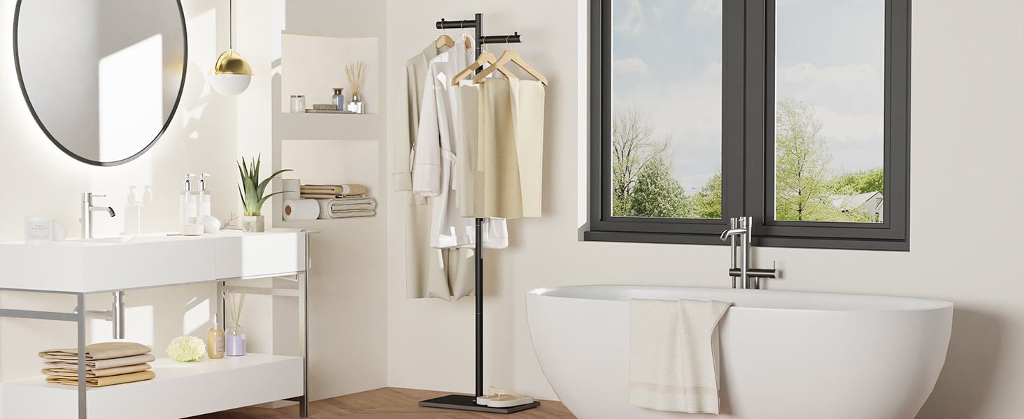 Підлоговий вішак для одягу Metall, 175 см, білий. Підходить для курток, шапок, сумок. Стабільна база, розмір 39x26x175 см.