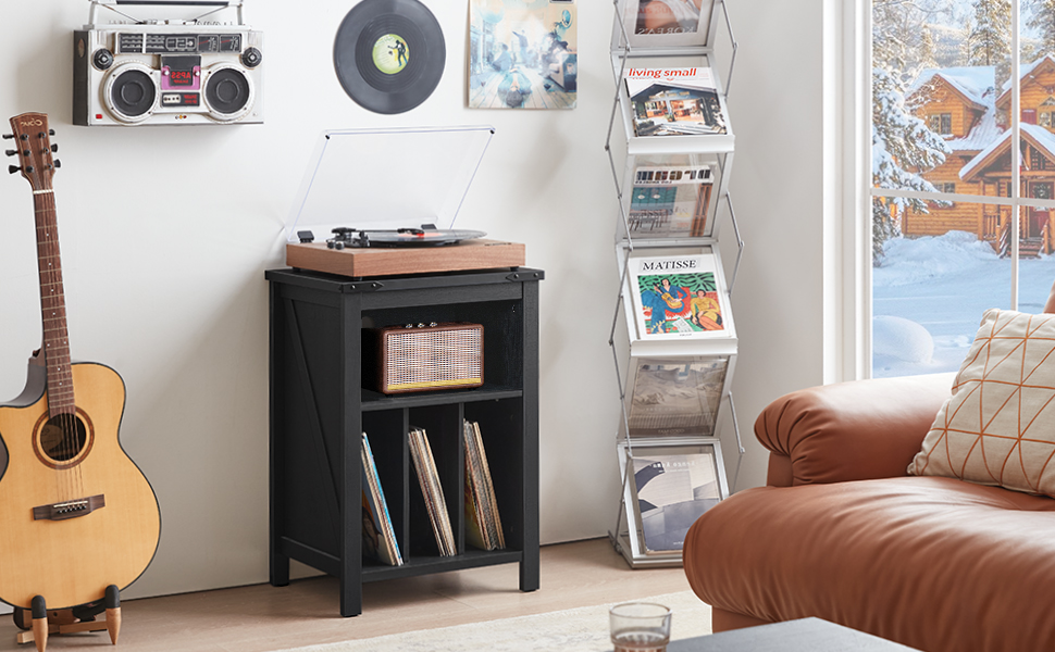 Підставка для програвача вінілу з місцем для платівок, чорна. Місце для 160 платівок. Дерев'яна підставка-шафа для програвача, полиця для вітальні, спальні, офісу