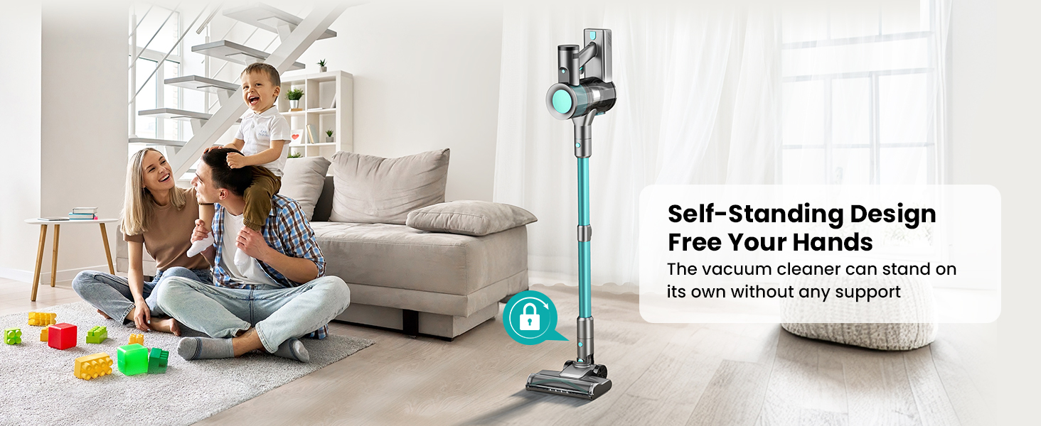 Бездротовий пилосос Dzaki 45000Pa з акумулятором, дисплеєм та антизаплутувальною насадкою для твердих поверхонь, килимів, шерсті тварин та авто (блакитний)