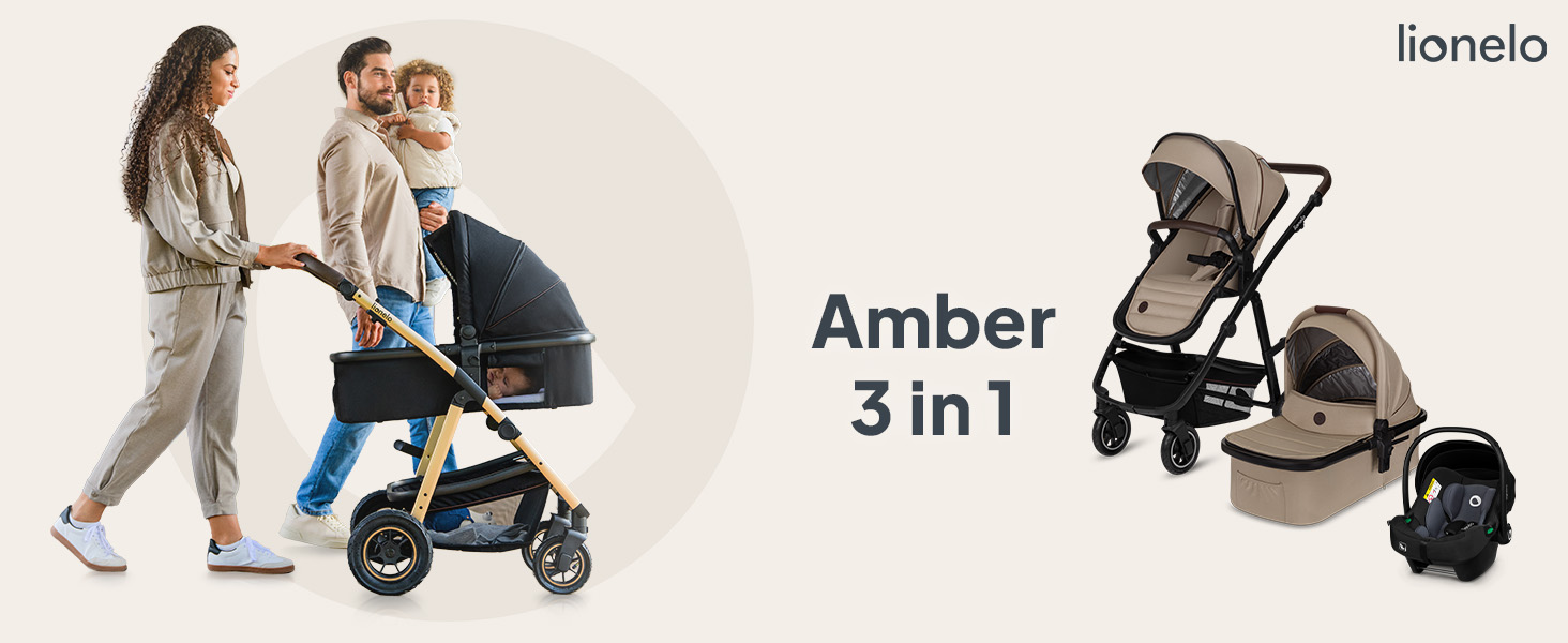 Коляска Lionelo Amber 3-в-1: люлька, автокрісло i-Size, прогулянкове сидіння, повітряні колеса, поворотне сидіння, XXL капюшон UPF 50+, сумка, москітна сітка, дощовик, чорно-срібна