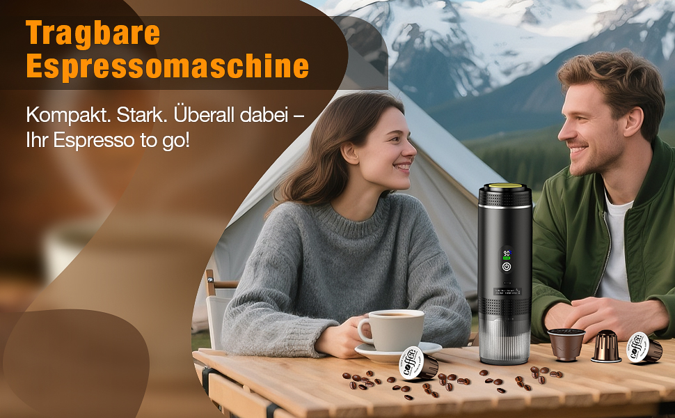 Міні кавомашина FNITAER для подорожей: 3-в-1, акумулятор, USB, капсули та мелена кава, для авто, кемпінгу, чорний