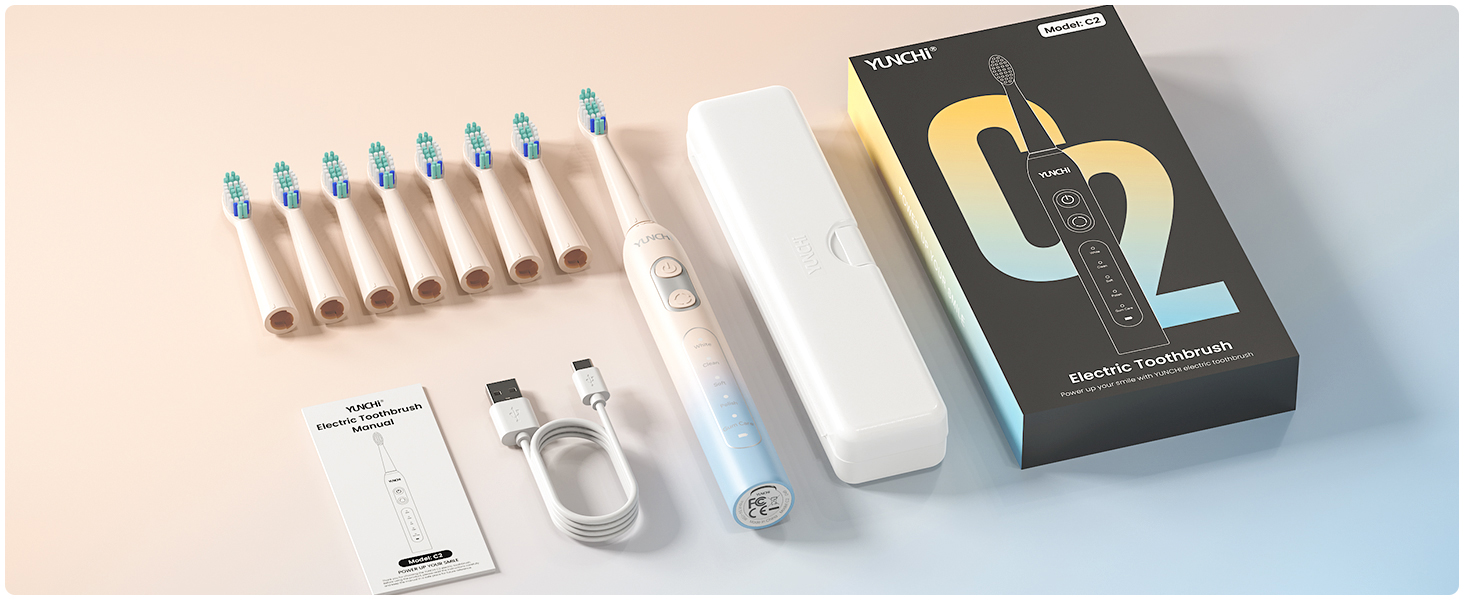 Електрична зубна щітка YUNCHI з USB-C зарядкою, 5 режимів, 8 насадок, для дорослих та дітей, блакитна