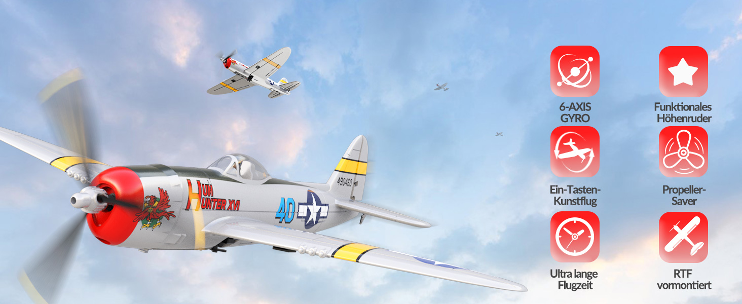 Радіокерований літак Volantexrc P-47 RTF 2.4GHz з гіростабілізацією, USB зарядкою, акумулятором та пультом – для початківців та досвідчених пілотів