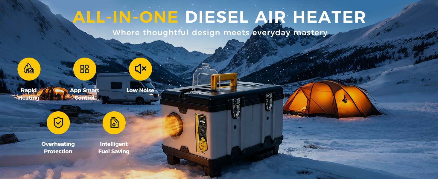 Автономний дизельний обігрівач Sunster 8кВт All-in-One з Bluetooth, керуванням через додаток та CO-датчиком для кемпера, автобуса, вантажівки та човна