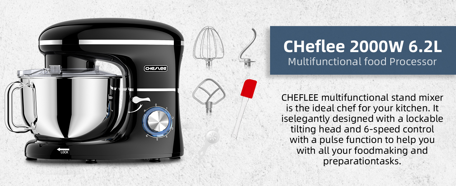 Кухонна машина Cheflee 2000W з чашею 6.2L з нержавіючої сталі, 6 швидкостей, низький шум, міксер, гак для тіста, захист від бризок, чорна
